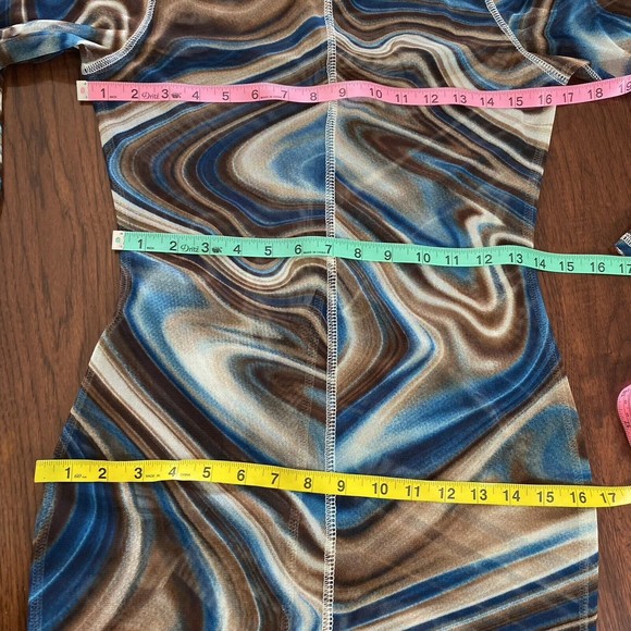 Vtg 90s Y2k Mesh Dress S M Bodycon Swirl Sheer Mock Neck Stretch Blue Brown - Picture 9 of 10